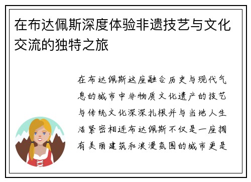 在布达佩斯深度体验非遗技艺与文化交流的独特之旅